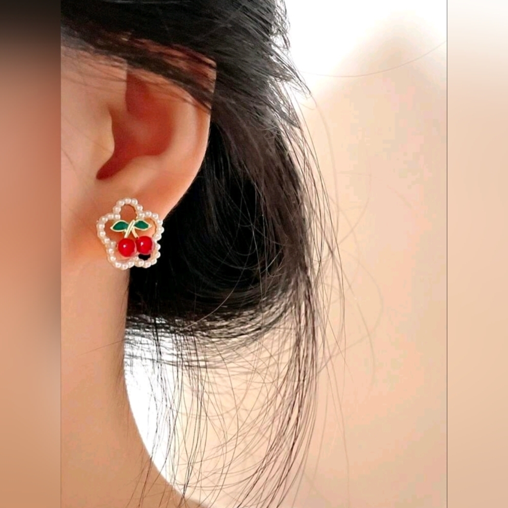 Faux Pearl Decor Cherry Stud Earrings